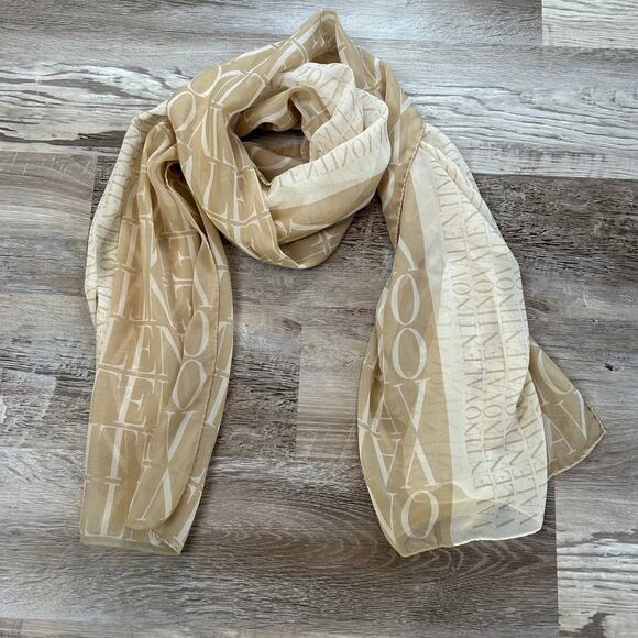 Vintage Valentino Silk Logo Scarf Beige Tan Ombre Wrap Italy 1980s 1990s 26x70 - Picture 2 of 8